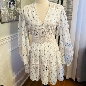 Avec Les Filles Scattered Ditsy Cotton Dress Blue & White Floral Long Sleeve NWT
